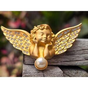 Vintage Swarovski Vermeil and Crystal Winged Angel with Faux Pearl Brooch Pin